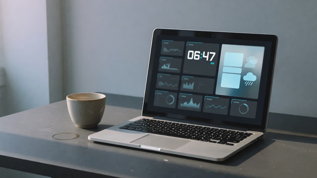 Laptop on a graphite desk showing a personal dashboard of clock, weather, and widgets