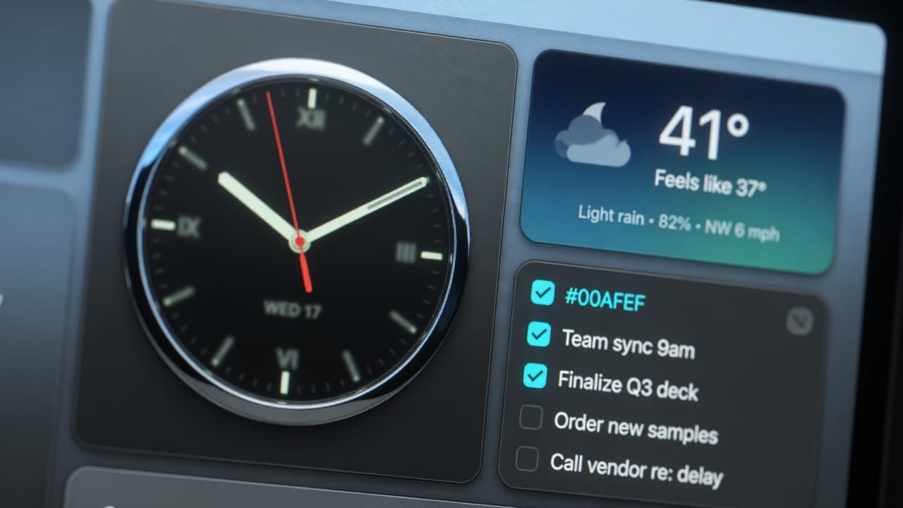 Close crop of a dashboard clock, weather, and checklist widgets